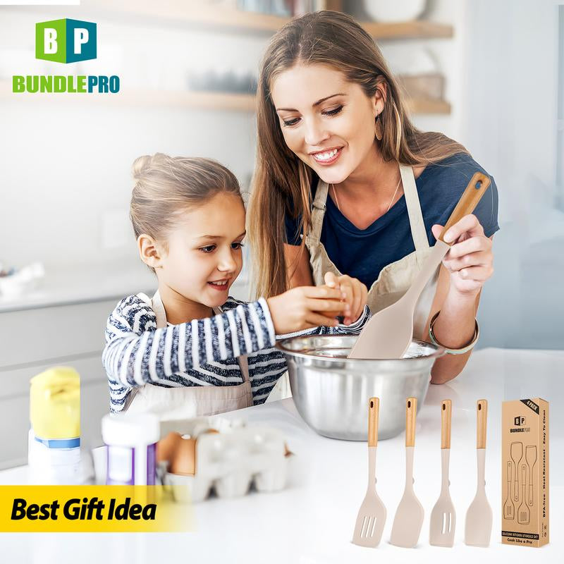 Pack of 4 Silicone Kitchen Utensils Set, Non Stick Solid Spatulas and Heat Resistant Slotted Spoons with Wooden Handle, Ideal BPA Free Cooking Utensils for Mixing,Serving,Turning,Stirring