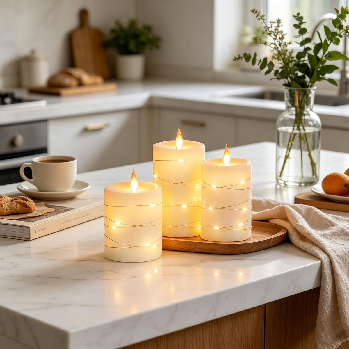 Flameless candles lit on a kitchen counter
