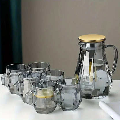 Glass Tea Pot & Glass Cups Set, 7 Counts/Set Including 1 Count Tea Pot & 6 Counts Glass Cups, Household Serving Large Cold Water Pot, Classic High-Temperature Resistant Tea Pot, Glass Tea Sets for Home Living Room, Summer for Gift