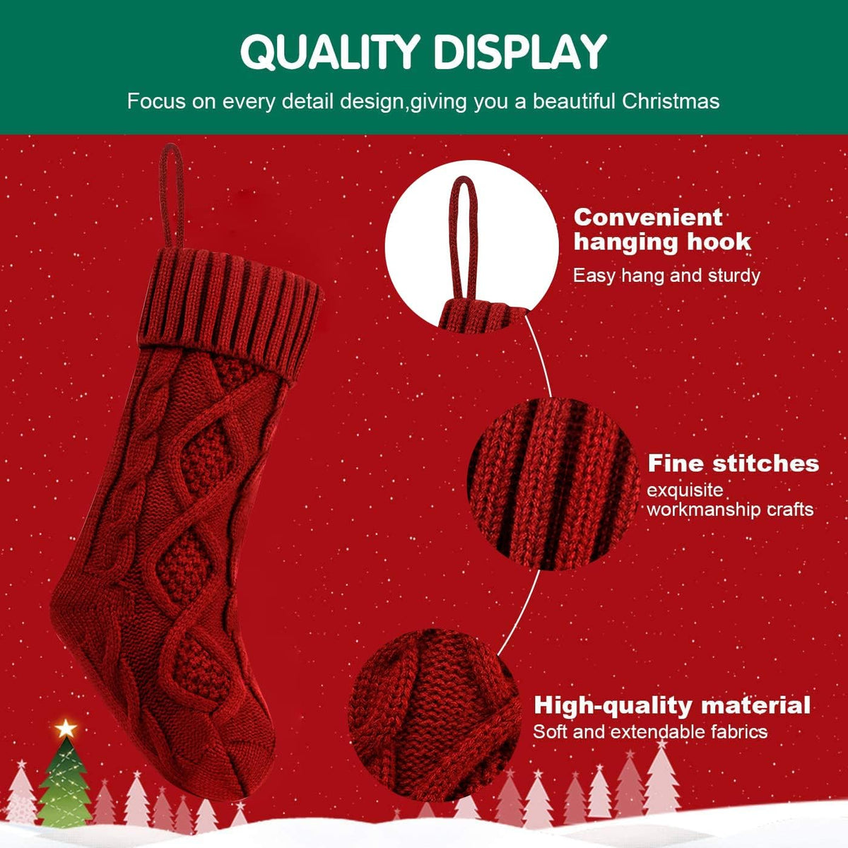 Details of the stocking: hanging loop and cable knit stitches