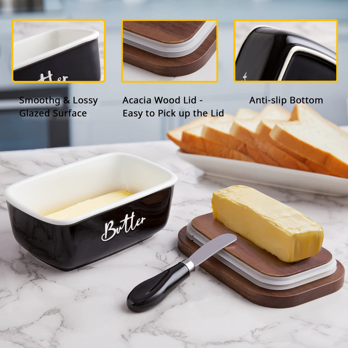 Black butter dish with its acacia wood lid, glazed surface and non-slip base