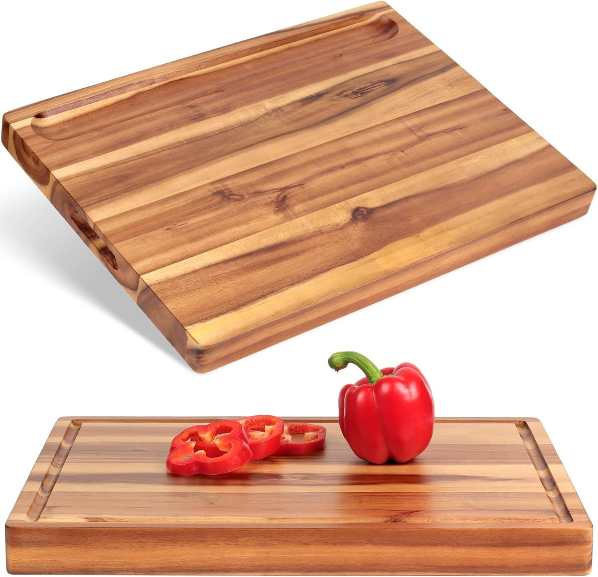 Thick acacia wood cutting board with a juice groove, shown from two angles with sliced red pepper