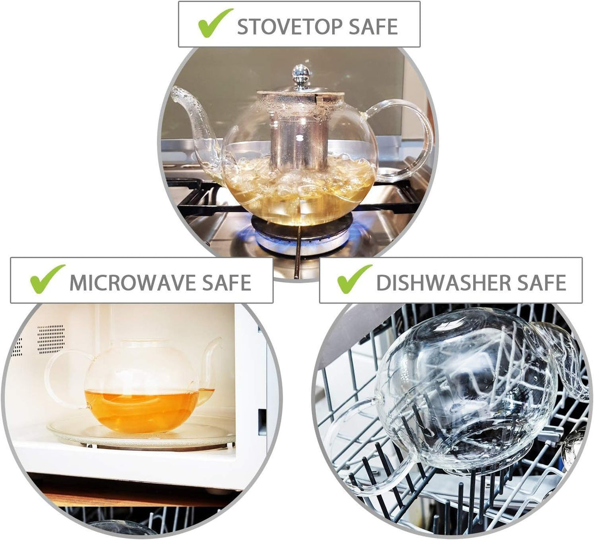 Glass teapot shown on a stove, in a microwave and in a dishwasher