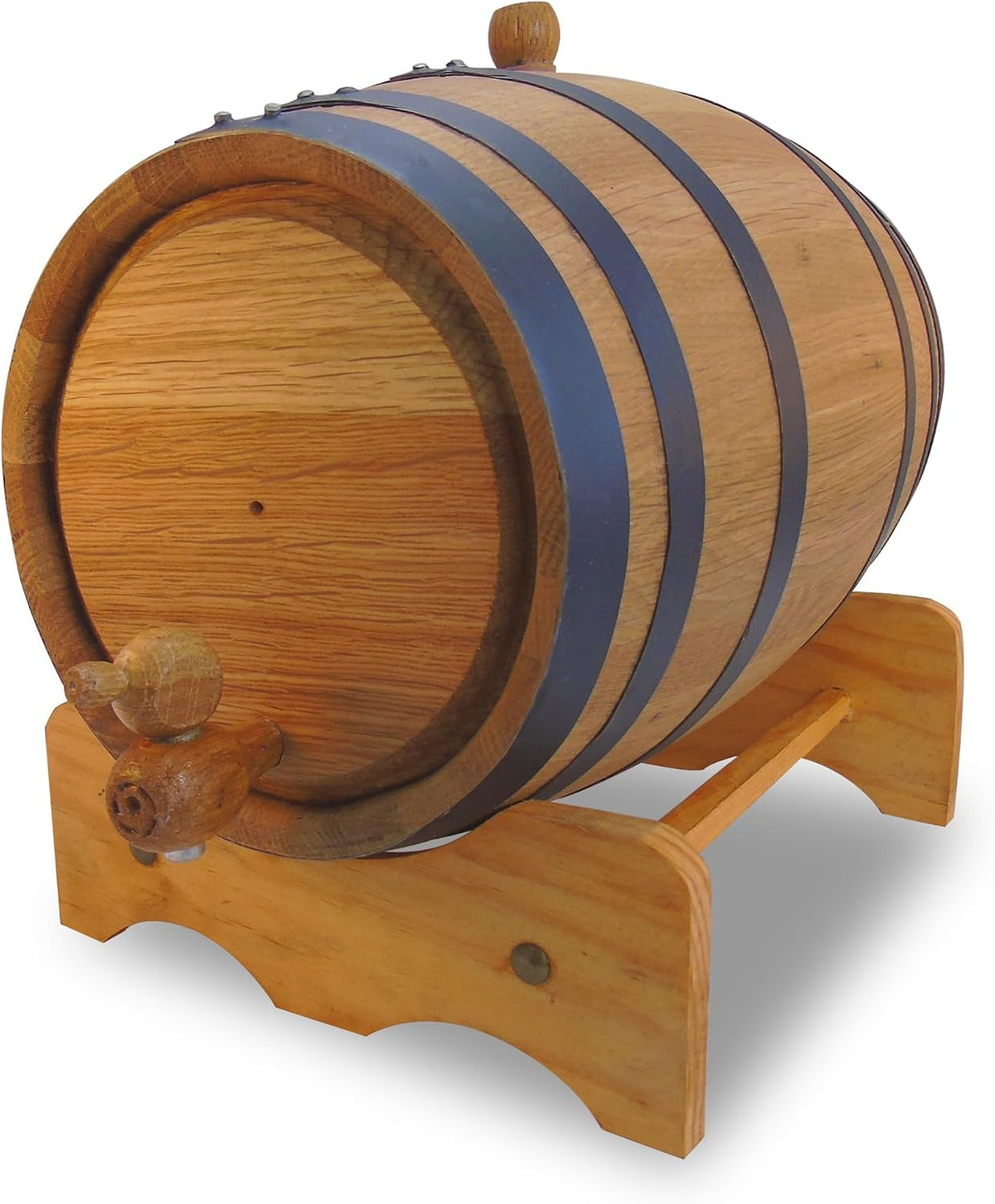 Oak barrel on its stand, angled view