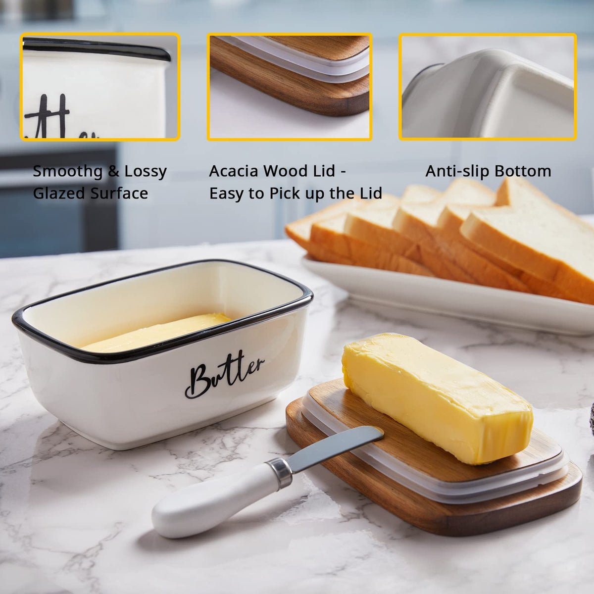 White butter dish with its acacia wood lid, glazed surface and non-slip base