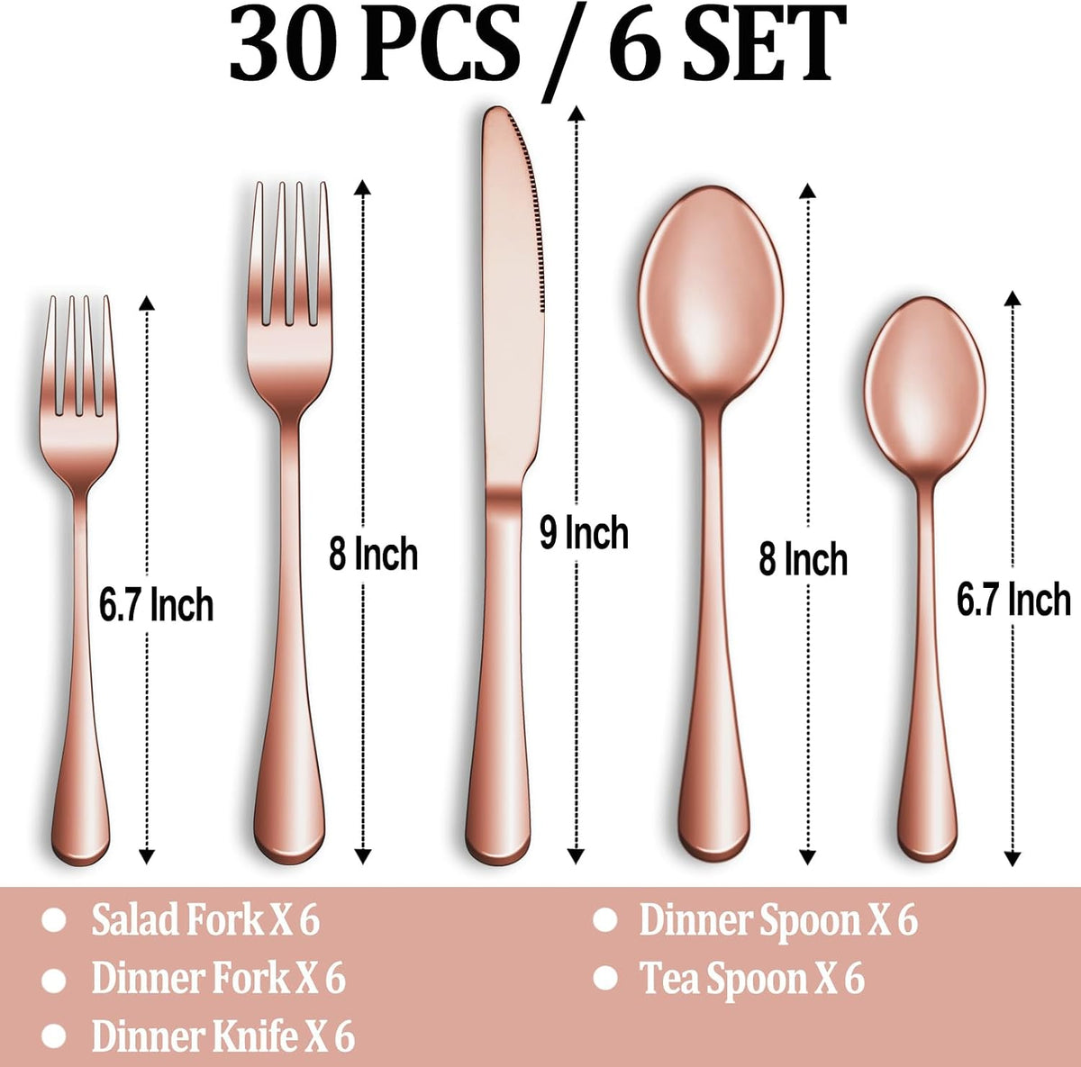 The five pieces of the rose gold set with their lengths, from 6.7 to 9 inches