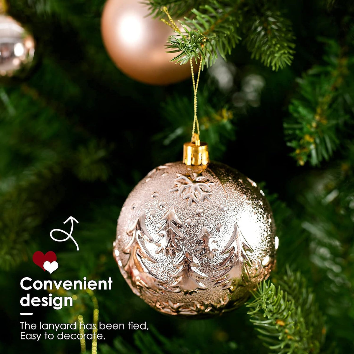 Close-up of a patterned champagne ornament on a tree branch
