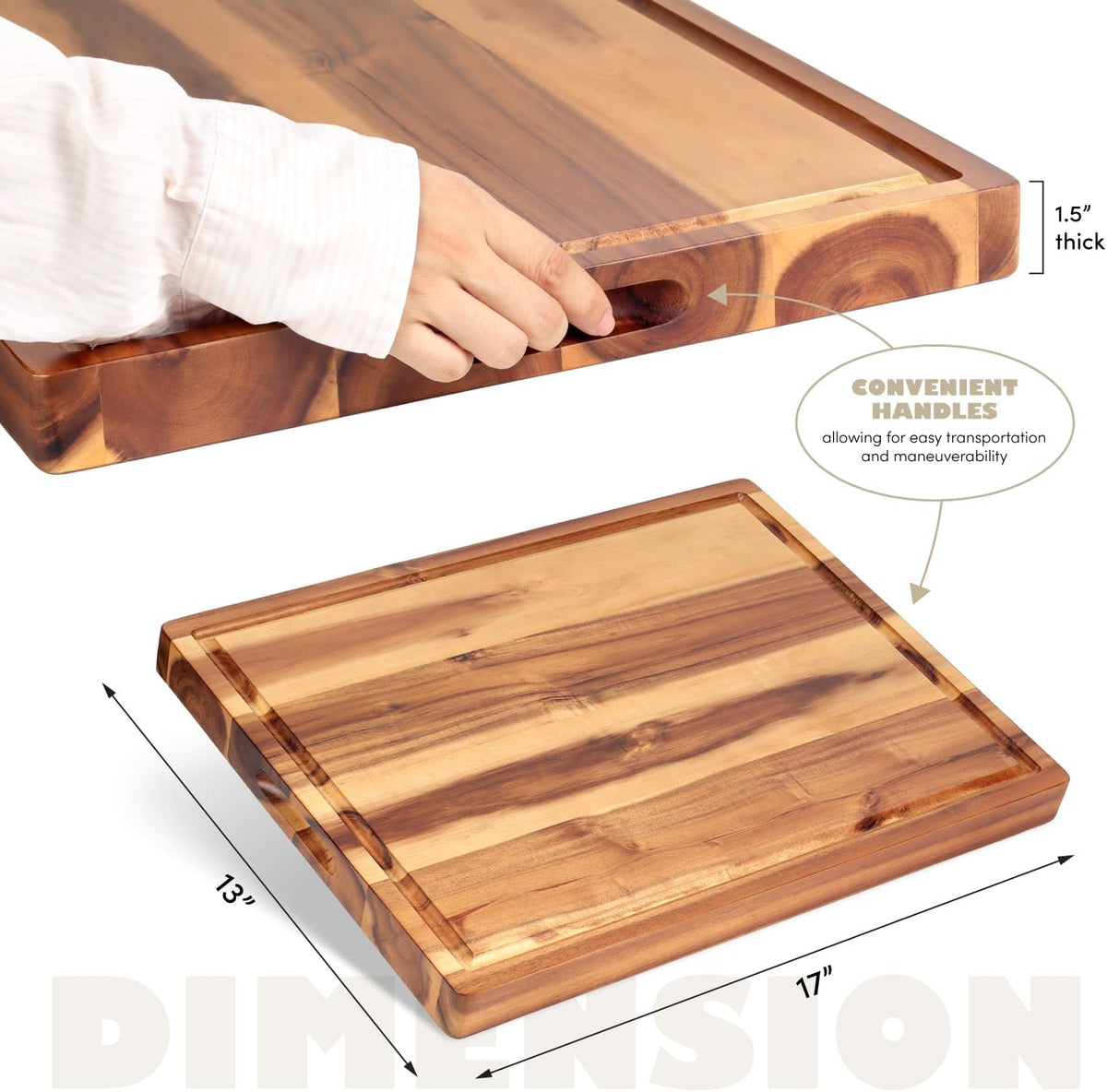 Dimensions: 17 in long, 13 in wide and 1.5 in thick, with inner side handles
