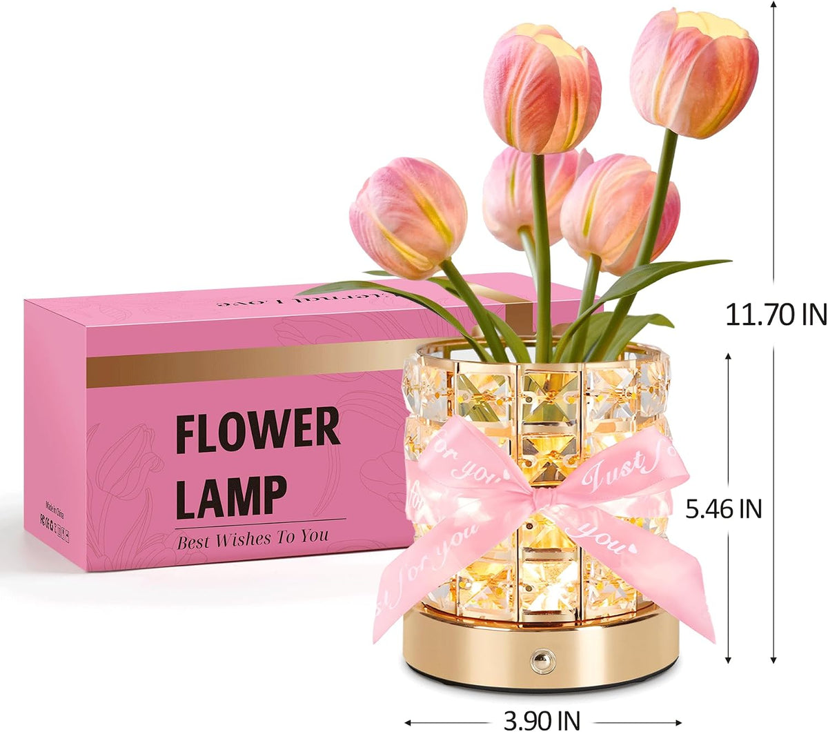 Tulip lamp dimensions: 11.7 in high with a 3.9 in wide base