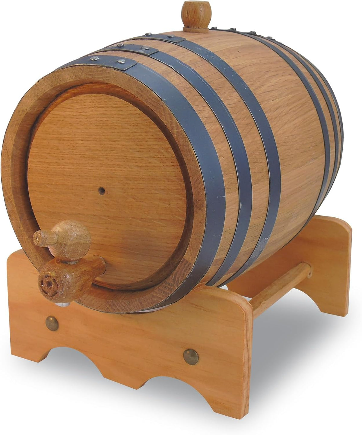 Oak barrel with spigot and bung on the stand