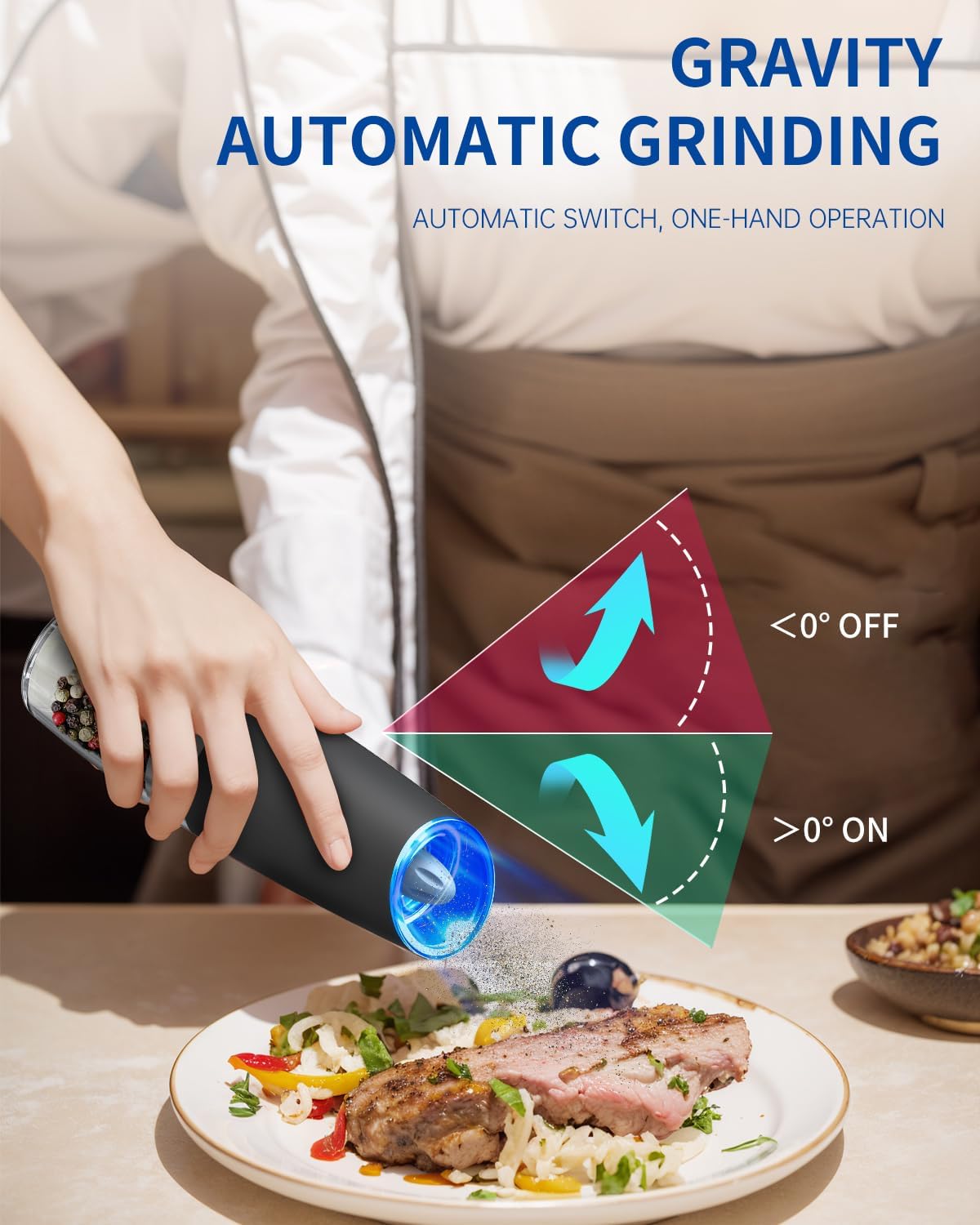 Tipping the grinder over a plate to start grinding
