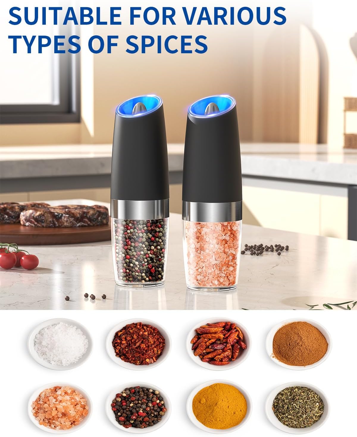 Salt and pepper grinders filled with peppercorns and pink salt, beside other spices