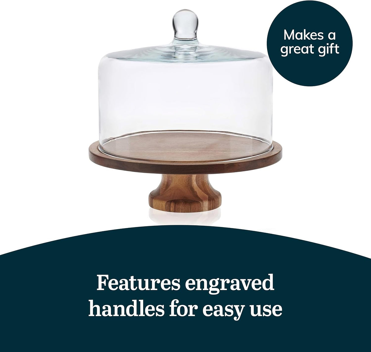 Empty acacia wood cake stand with glass dome