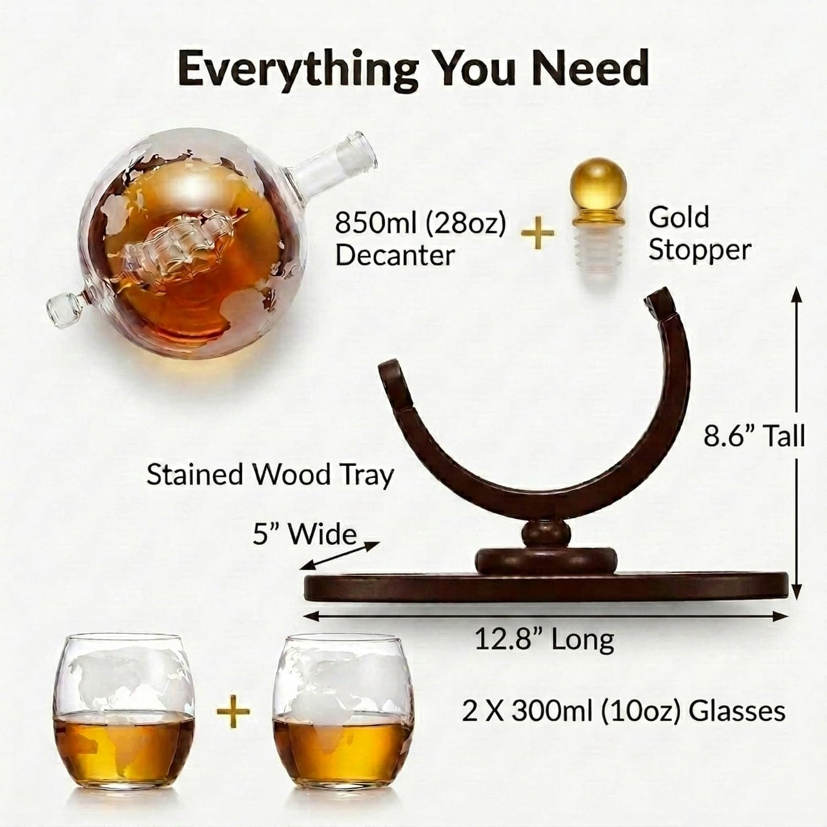 Godinger globe decanter set measurements: 850 ml decanter, two 300 ml glasses and a 12.8 inch wood tray