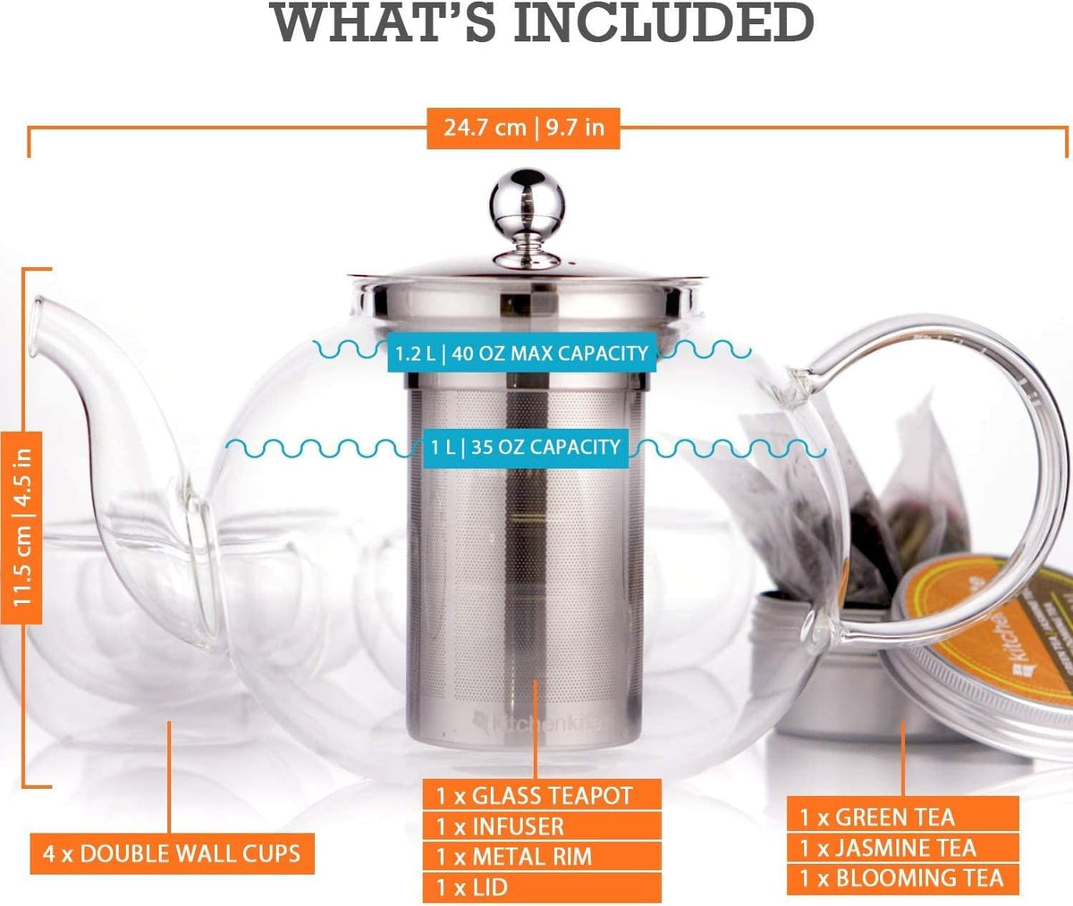 What's included: teapot, infuser, lid, four double-wall cups and three teas