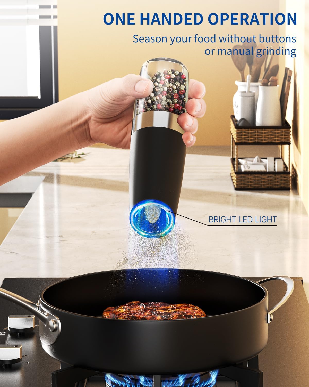 Grinding pepper with one hand over a pan, with the LED light on