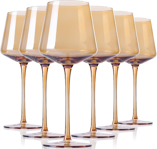 Six amber wine glasses with tall stems