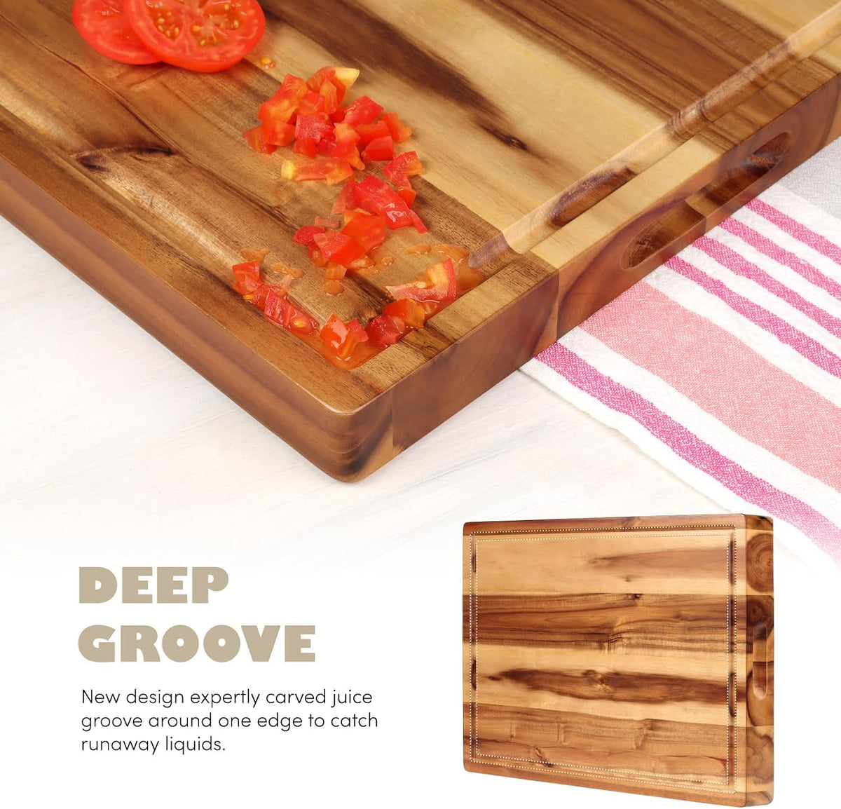 Close-up of the juice groove carved along one edge of the board