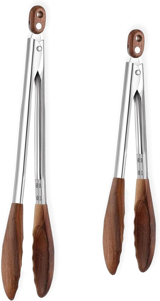 Two walnut-tip kitchen tongs with stainless steel arms, 12 and 15 inch