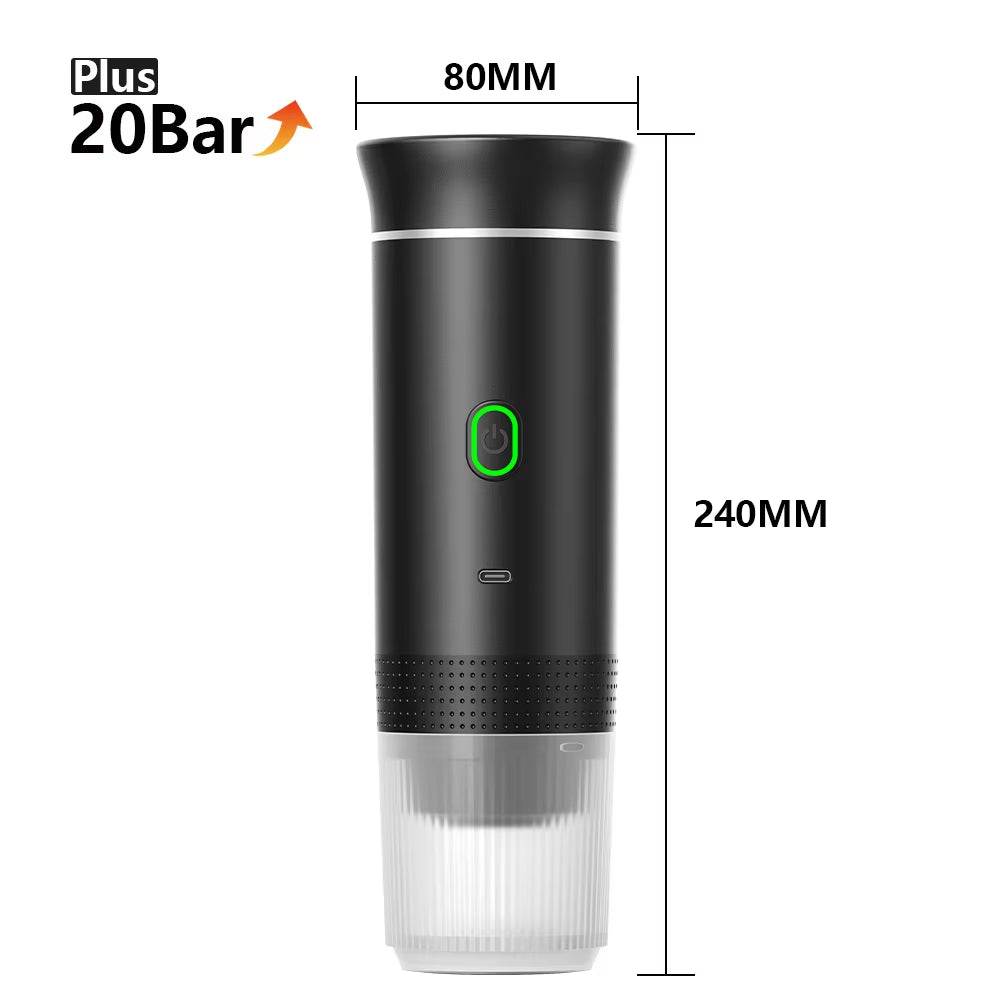 Black portable espresso maker, 240 mm tall and 80 mm wide