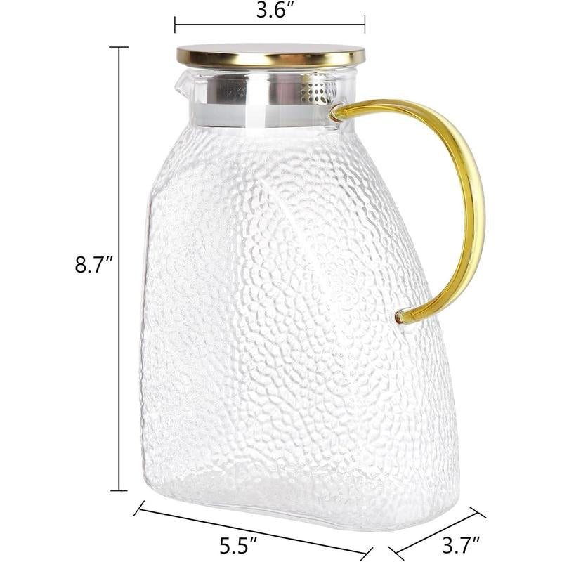 Fridge Door Water Pitcher, 1.8 Liter/60Oz Gold Lid, High Borosilicate Glass Leakproof Ice Tea Pitcher for Hot or Cold Beverage