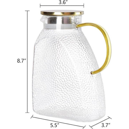 Fridge Door Water Pitcher, 1.8 Liter/60Oz Gold Lid, High Borosilicate Glass Leakproof Ice Tea Pitcher for Hot or Cold Beverage