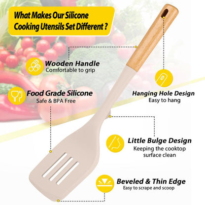 Pack of 4 Silicone Kitchen Utensils Set, Non Stick Solid Spatulas and Heat Resistant Slotted Spoons with Wooden Handle, Ideal BPA Free Cooking Utensils for Mixing,Serving,Turning,Stirring