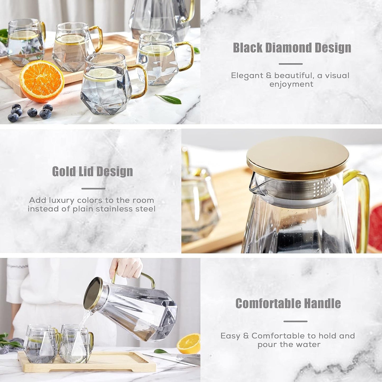 68 Oz Black Diamond Glass Pitcher with Lid - Elegant Water Carafe for Hot/Cold Beverages, Ideal for Iced Tea and Coffee, Durable Design with Handle