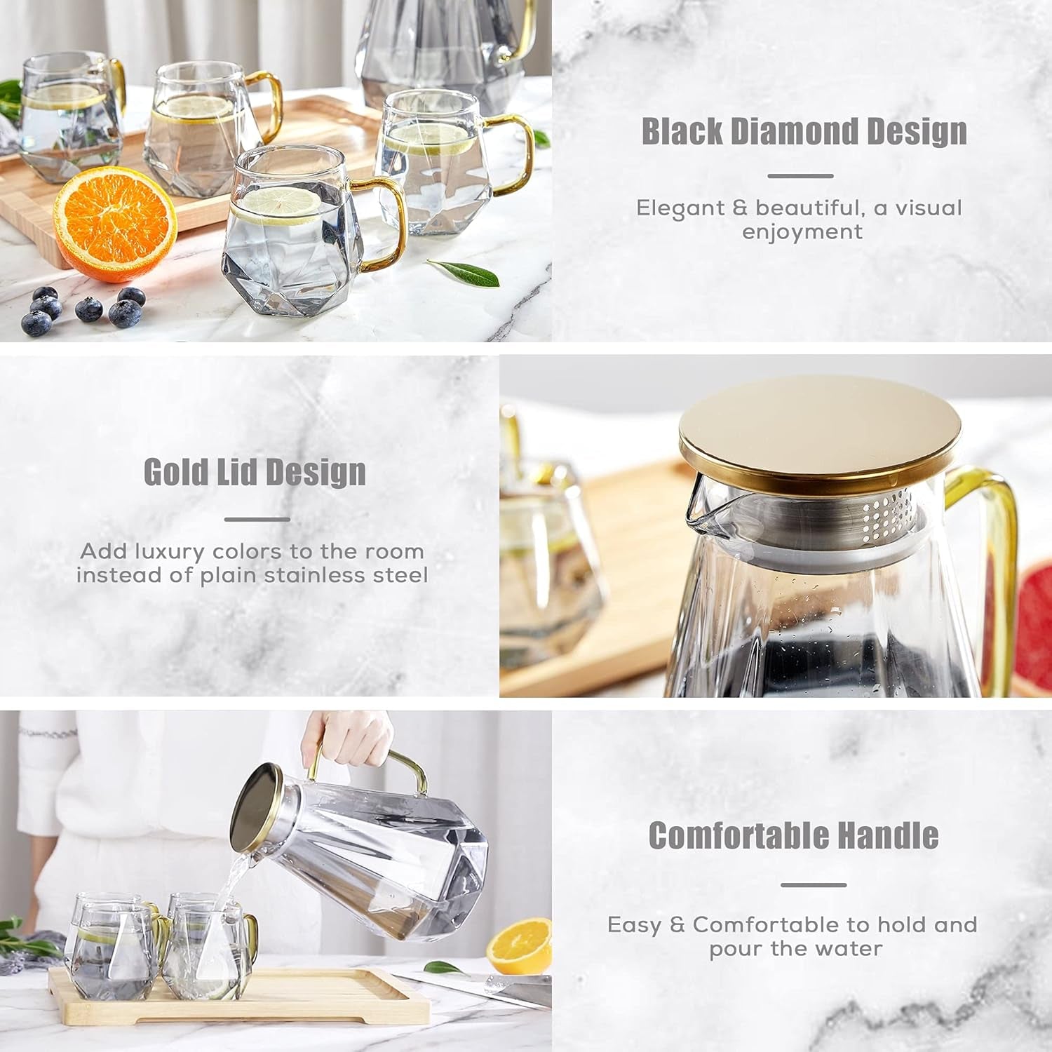 68 Oz Black Diamond Glass Pitcher with Lid - Elegant Water Carafe for Hot/Cold Beverages, Ideal for Iced Tea and Coffee, Durable Design with Handle