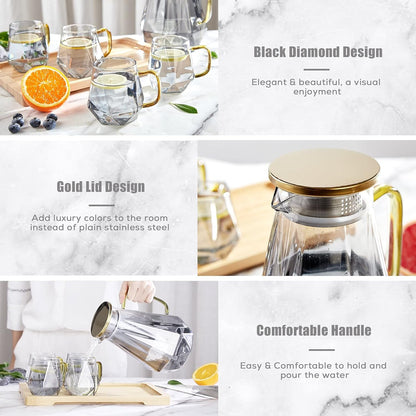 68 Oz Black Diamond Glass Pitcher with Lid - Elegant Water Carafe for Hot/Cold Beverages, Ideal for Iced Tea and Coffee, Durable Design with Handle