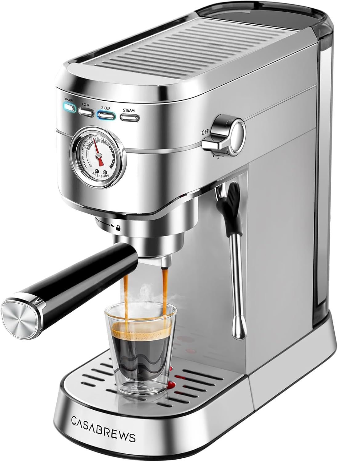 CASABREWS CM5418 espresso machine in brushed stainless steel brewing espresso into a glass