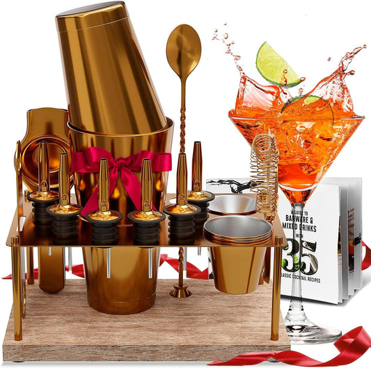 17-Piece Gold Cocktail Shaker Set with Wood Stand