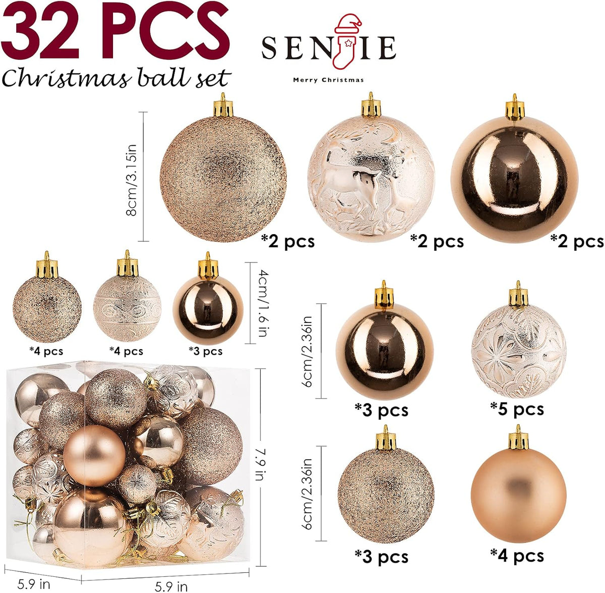The 32 ornaments by size and finish, with measurements