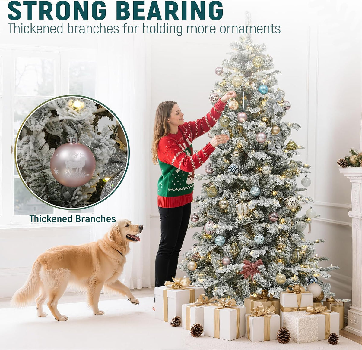 Decorating the flocked tree with ornaments
