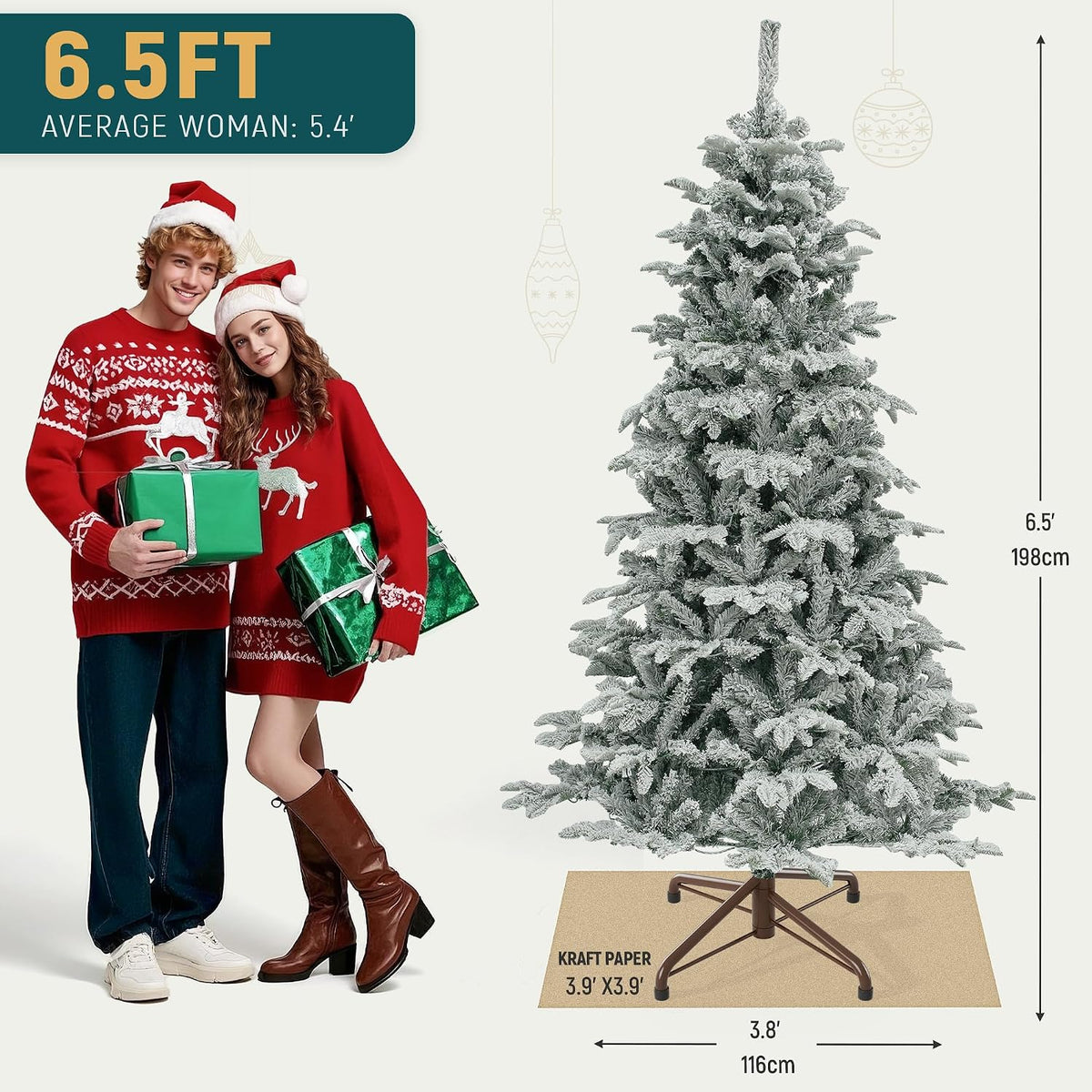 Tree dimensions: 6.5 ft (198 cm) high and 3.8 ft (116 cm) wide