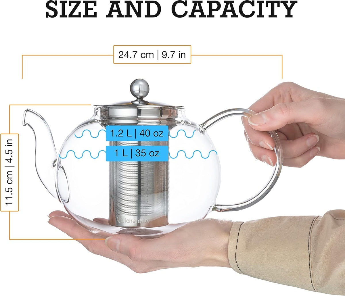 Teapot size: 9.7 in wide and 4.5 in high, with a 35 oz capacity