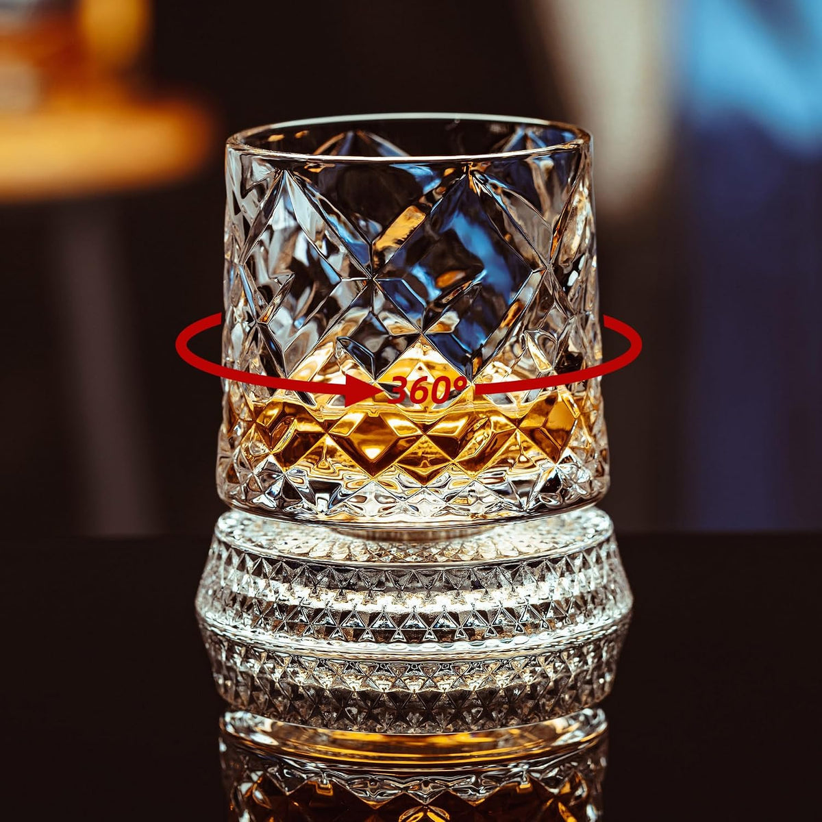 Diamond-cut whiskey glass rotating on its base