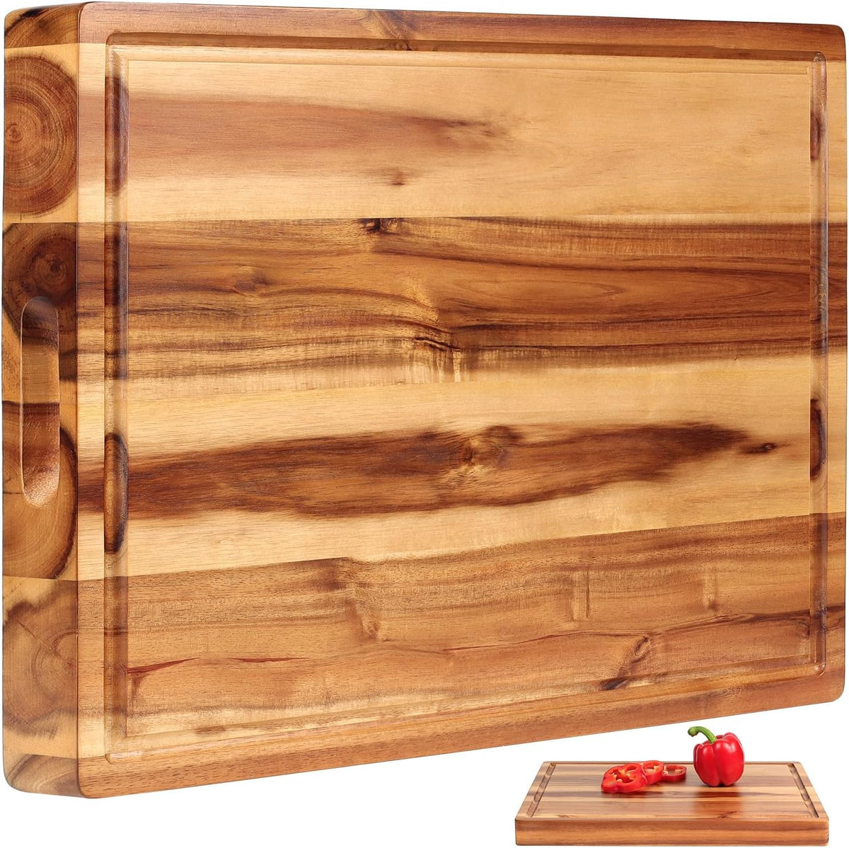 Top view of the acacia cutting board with the juice groove along one edge