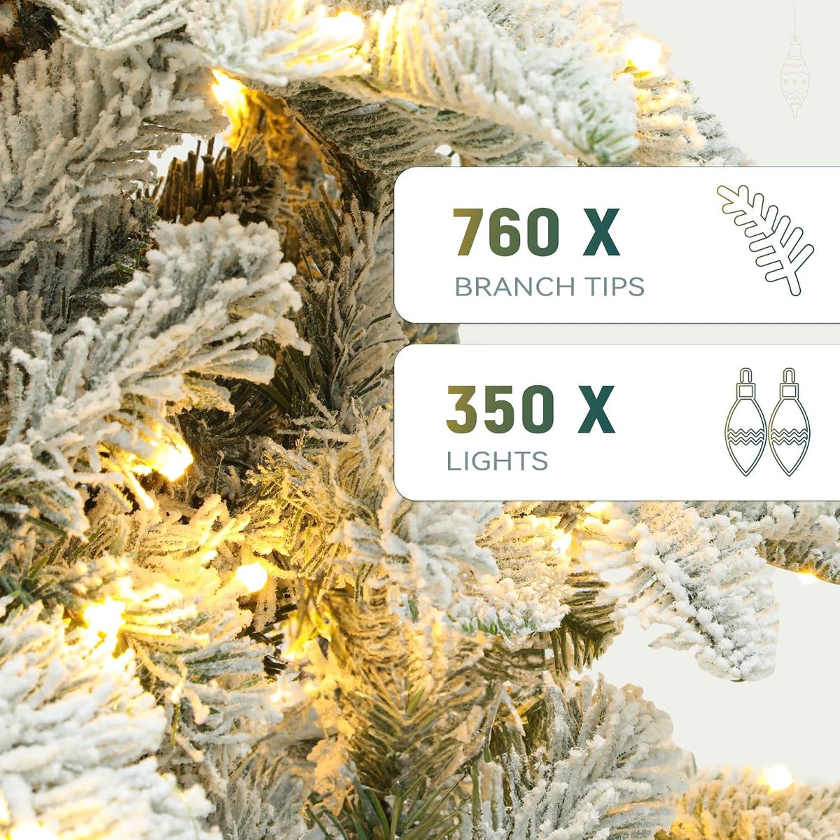 Close-up of the flocked branches: 760 branch tips and 350 lights