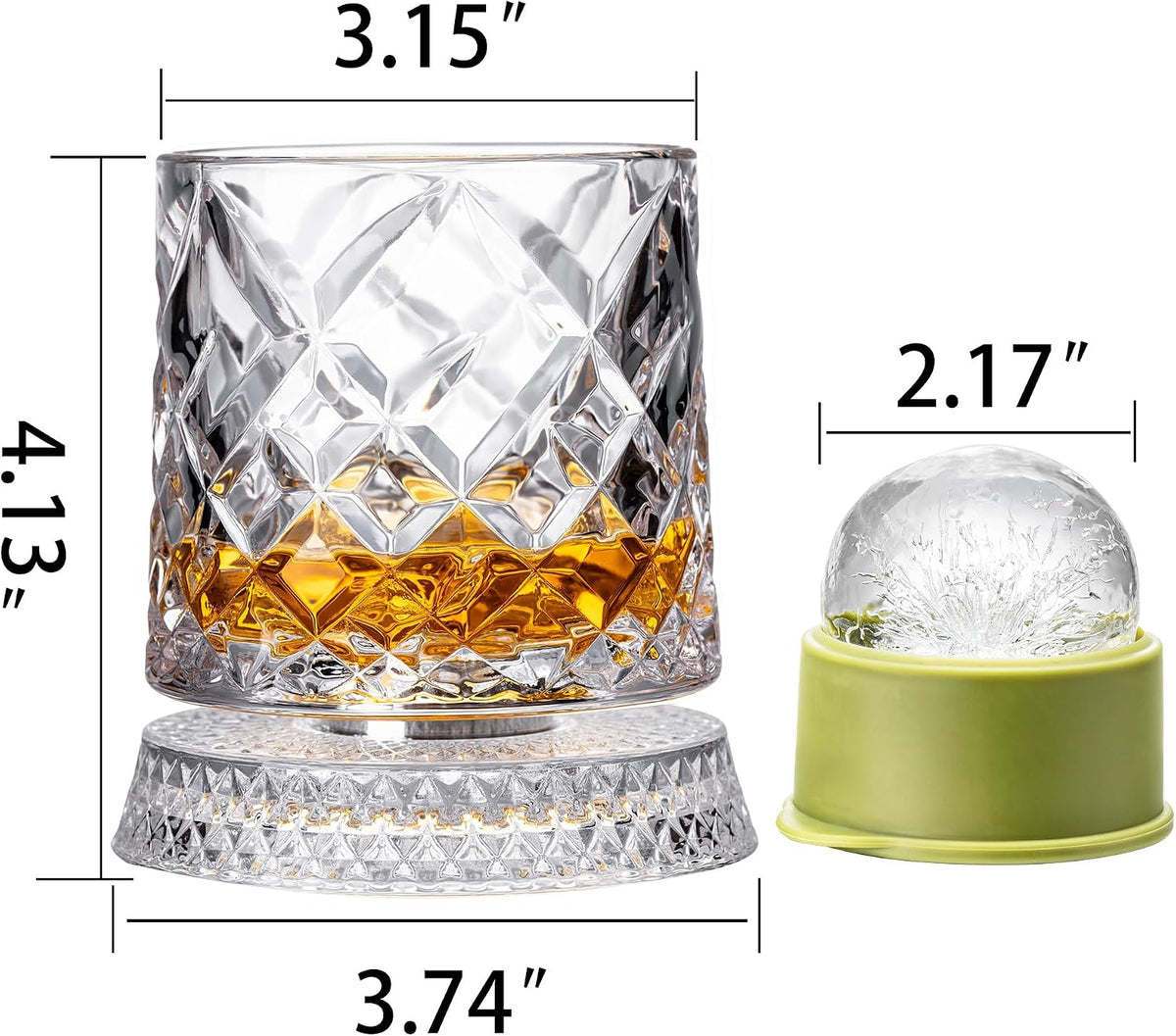 Dimensions: glass 3.15 in wide and 4.13 in tall, base 3.74 in, ice ball 2.17 in