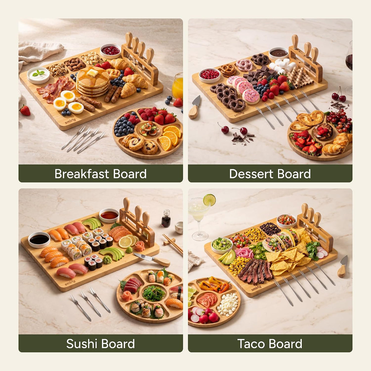 Breakfast, dessert, sushi and taco board ideas on the SMIRLY bamboo board