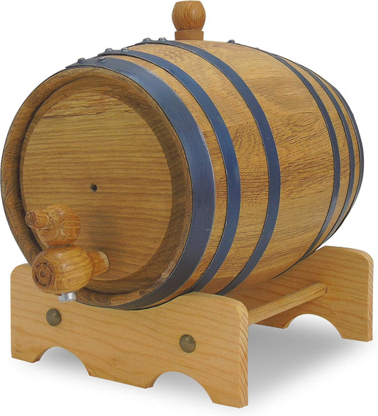 Charred oak aging barrel with black hoops on a wooden stand, with spigot