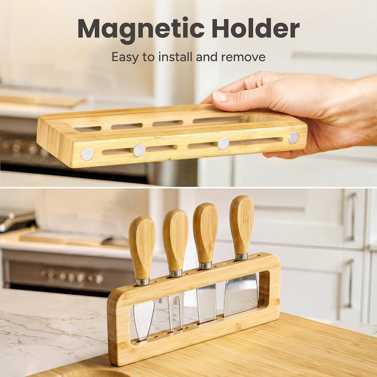 Magnetic holder keeping the SMIRLY cheese knives upright on the board