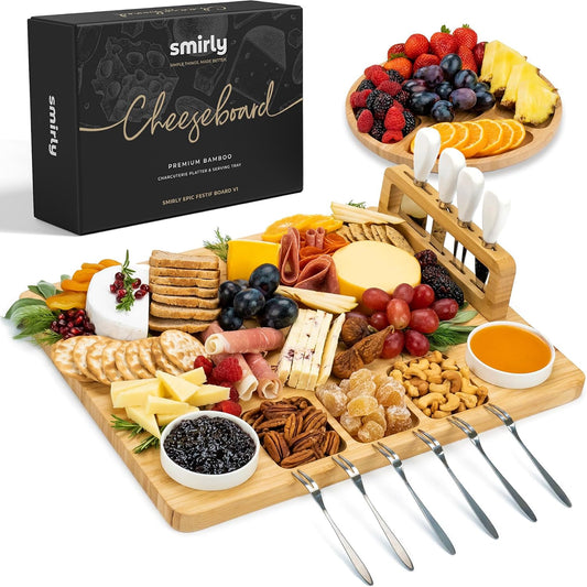 SMIRLY bamboo charcuterie board set with cheese, fruit, crackers, knives and its gift box