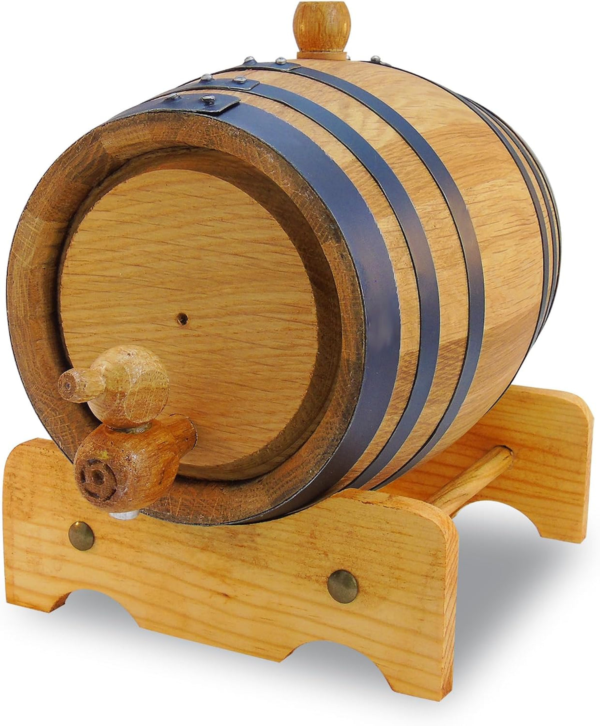 Front of the oak barrel with its wooden spigot