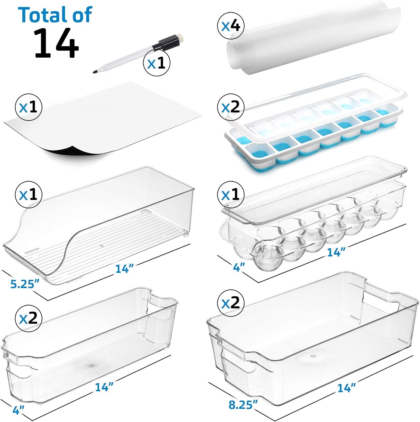 14-Piece Refrigerator Organizer Set - Stackable Clear Acrylic Bins for Efficient Fridge and Freezer Organization (Model: VDS-SB-BIN-14SET)