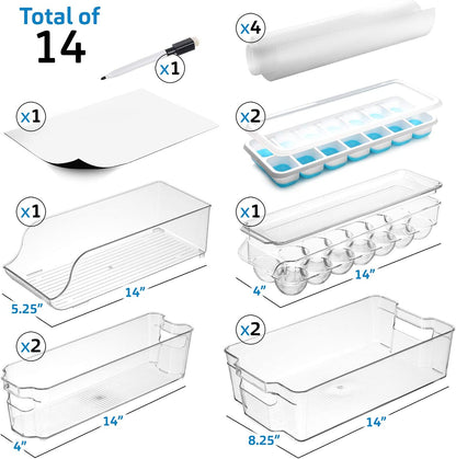 14-Piece Refrigerator Organizer Set - Stackable Clear Acrylic Bins for Efficient Fridge and Freezer Organization (Model: VDS-SB-BIN-14SET)