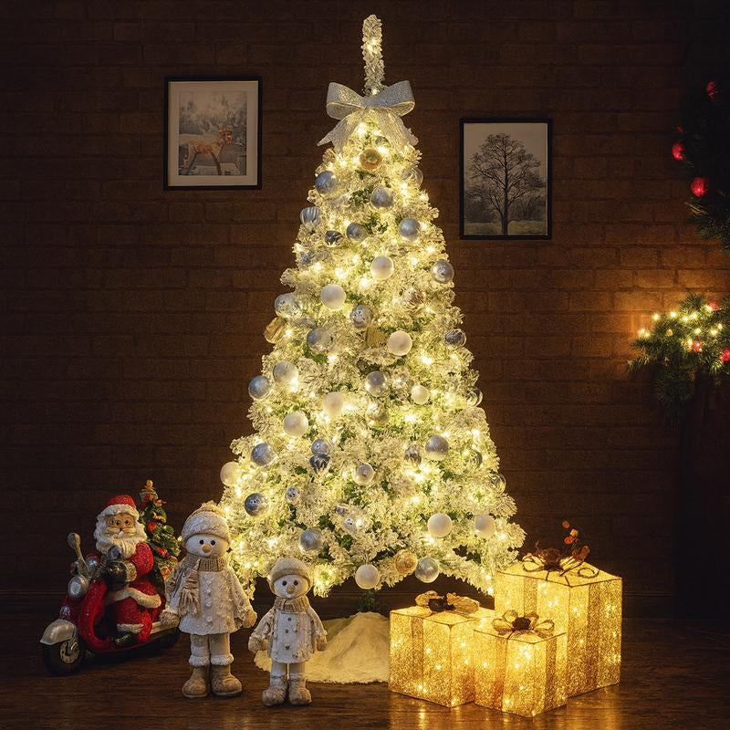 A pre-lit flocked Christmas tree in a living room
