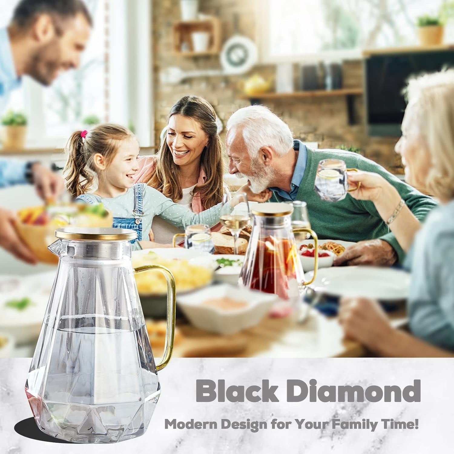 68 Oz Black Diamond Glass Pitcher with Lid - Elegant Water Carafe for Hot/Cold Beverages, Ideal for Iced Tea and Coffee, Durable Design with Handle