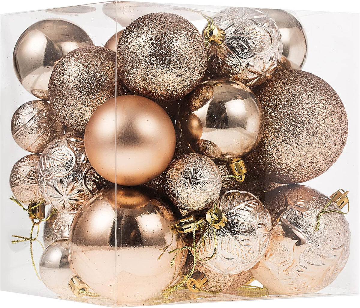 Box of 32 champagne ball ornaments in three sizes